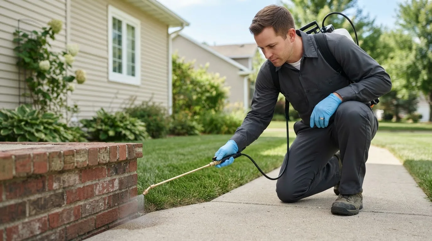 Pest control technician treating a home near Wakpala, SD